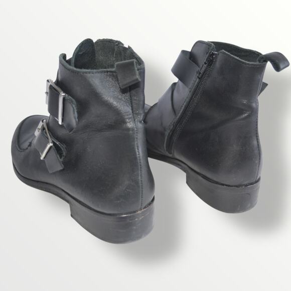 Top Shop Moto Bootie Black Leather Silver Buckle Made In Spain Buckle Ankle 7 - Picture 8 of 9